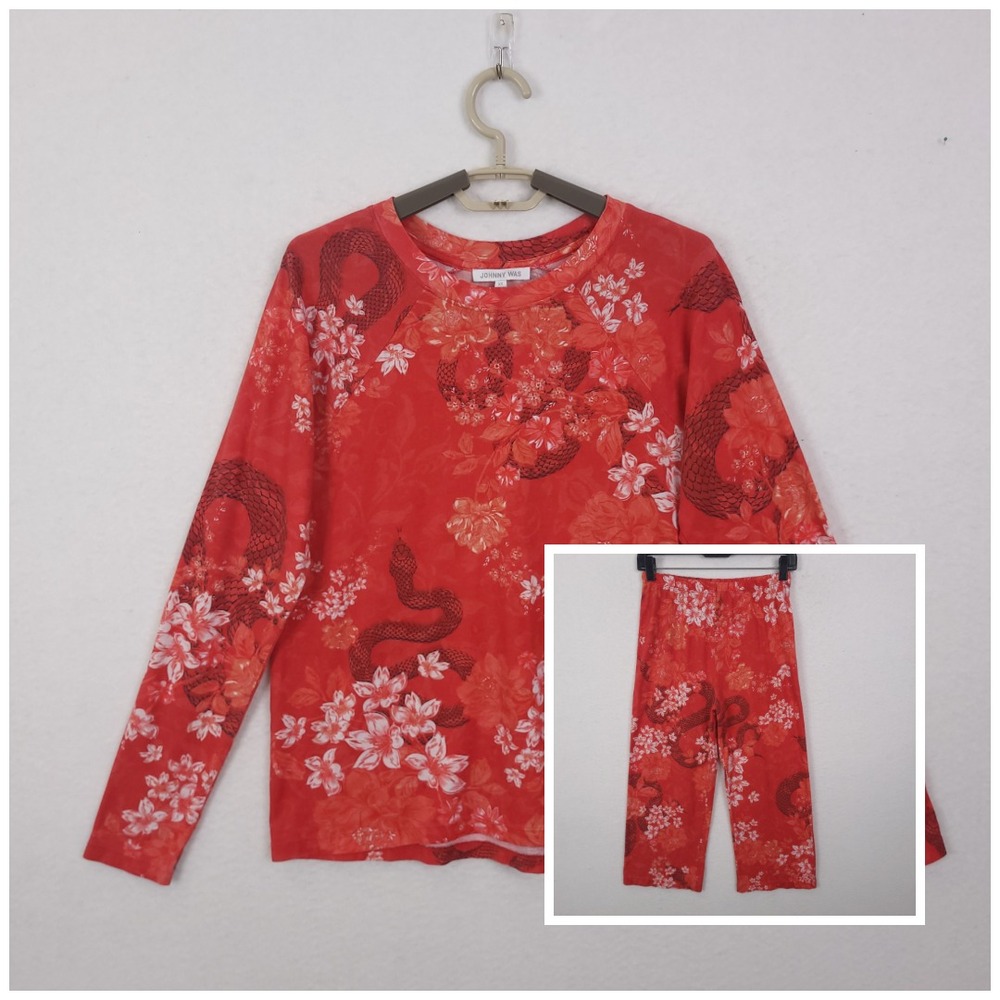 Johnny Was The Raglan Pajama Set Womens Red Size XS Floral Snake Print Cozy